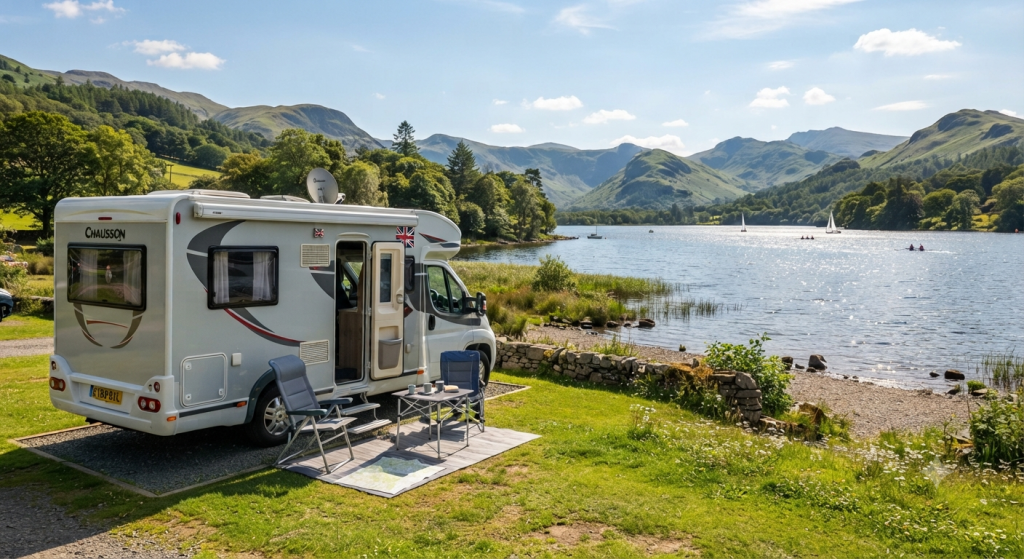 A motorhome parked next to a sunny lake in the UK.